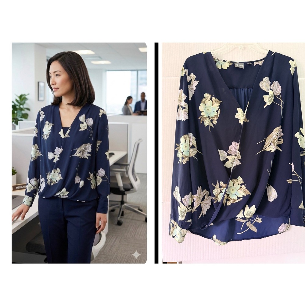 Soho New York & Company Blouse Womens L Navy Floral Draped Wrap Office Chic Boho